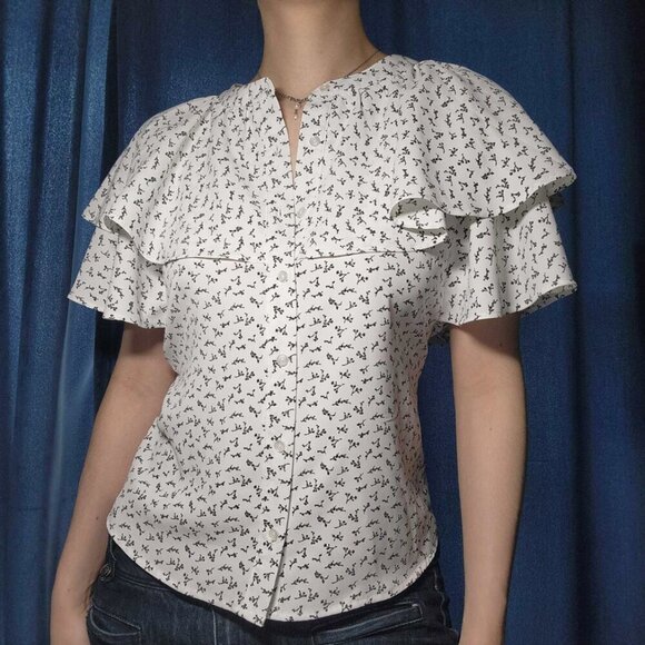 Japanese white ruffle big sleeved dainty floral pattern blouse for work - Picture 10 of 14